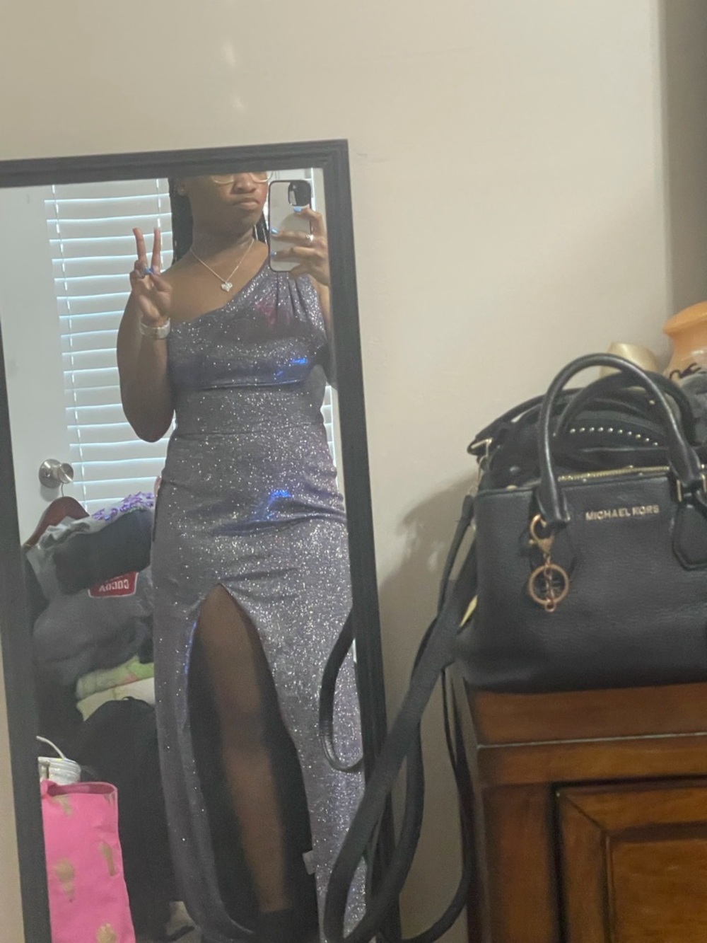 One-Shoulder Glitter Evening Gown in Metallic Gray